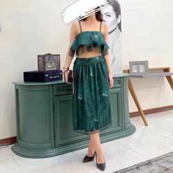 دامن پروانه سبز با رویه توری پشت کمر کش با سایزبندی