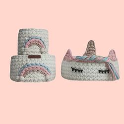 ارگانایزر کودک مدل سبد قلاب بافی تریکو طرح یونیکورن مجموعه 3 عددی