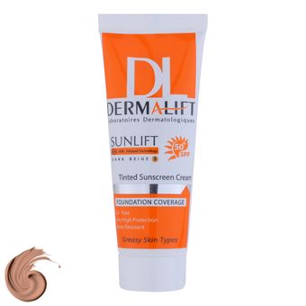 کرم ضد آفتاب رنگی درمالیفت مدل سانلیفت SPF 50 حاوی محافظ UVA و UVB، ضد آب، ضد پیری، ضد جوش و آکنه، مناسب پوست‌ چرب حجم 40 میلی‌ل