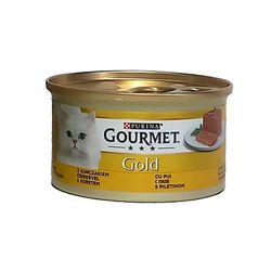 غذای گربه بالغ کنسرو گورمت مدل گلد طعم مرغ وزن 85 گرم