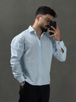 پیراهن مردانه میله ای باکسی آبی