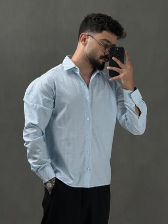 پیراهن مردانه میله ای باکسی آبی