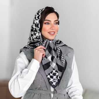 روسری ابریشم توییل پیه دوپل مشکی سفید پیچازی قواره صد