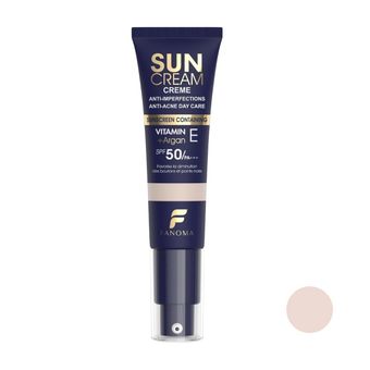 کرم ضد آفتاب رنگی صورت فانوما SPF 50 مدل ضدآفتاب بدون چربی و ضدجوش فانوما رنگ 01 ‌مناسب برای انواع پوست حجم 35 میلی‌لیتر