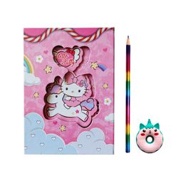 دفتر خاطرات 100 برگ سویل طرح کیتی مدل جعبه دار به همراه مداد چهار رنگ و پاک کن تک شاخ کد 704 بسته 3 عددی