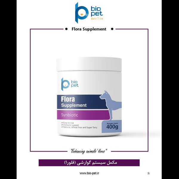 پودر پروبیوتیک و پری‌بیوتیک سگ بایو پت مدل Flora وزن 400 گرم