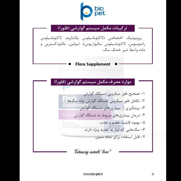 پودر پروبیوتیک و پری‌بیوتیک سگ بایو پت مدل Flora وزن 400 گرم