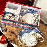 ست فنجان و بشقاب دوتایی زمستونی کریسمسی رنگ آبی