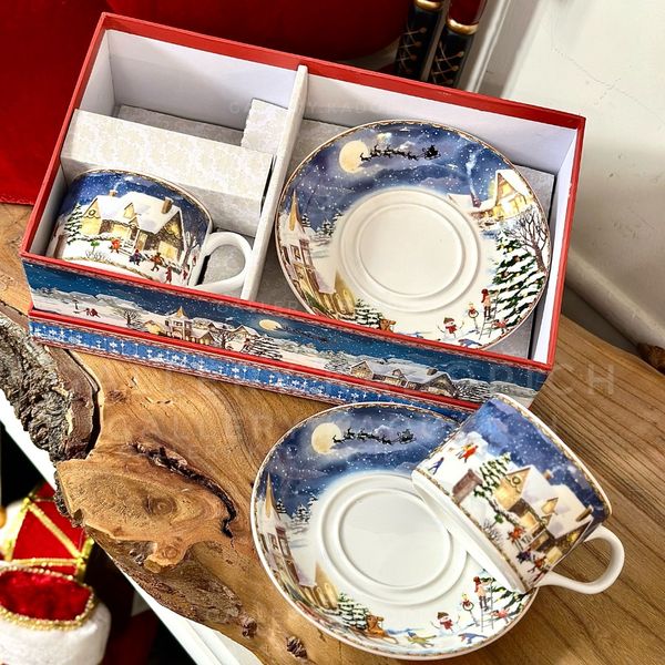 ست فنجان و بشقاب دوتایی زمستونی کریسمسی رنگ آبی