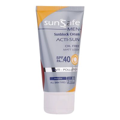 کرم ضدآفتاب بدون رنگ آقایان سان سیف، مدل 40 SPF، مناسب انواع پوست و حجم 50 میلی‌لیتر، محافظت کننده در برابر اشعه UVA و UVB، فاقد