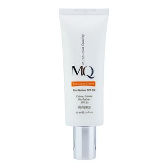 کرم ضد آفتاب بدون رنگ ام کیو SPF50 مدل BIO TACHES محافظ UVA ،UVB، ضد لک، روشن‌کننده، مرطوب‌کننده مناسب انواع پوست حجم 55 میلی‌لی