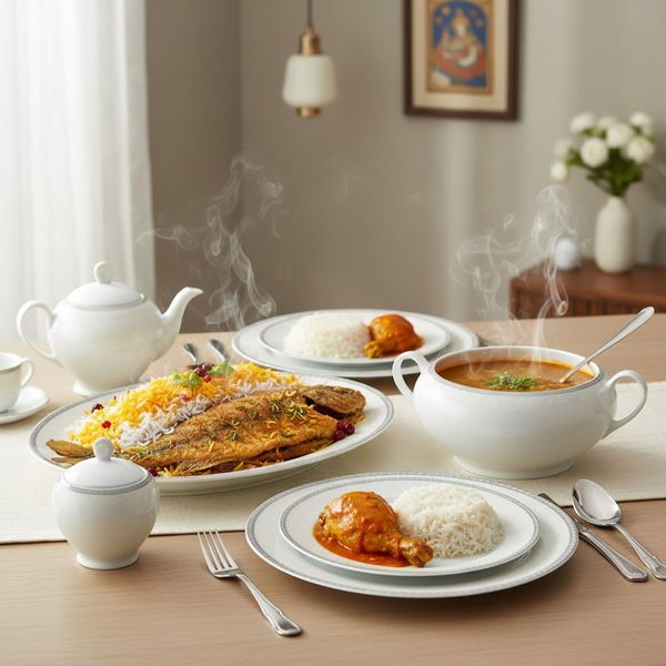 سرویس غذاخوری 102 پارچه 12 نفر چینی زرین ایران مدل ایتالیا اف ریوا درجه عالی