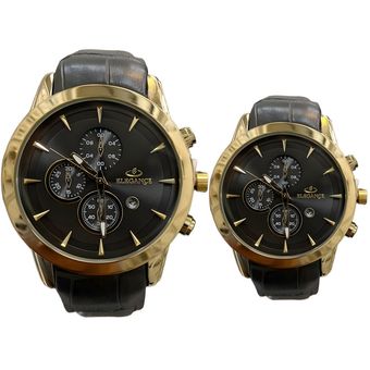 ست ساعت مچی عقربه ای زنانه و مردانه الگانس مدل بند چرمی تک موتوره کد 04