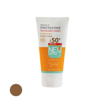 کرم ضد آفتاب رنگی نئودرم SPF 50 مدل Highly Protective Max Tinted محافظ UVA، مناسب پوست‌های چرب و مختلط حجم 50 میلی لیتر