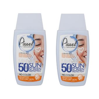 کرم ضدآفتاب بی‌رنگ پیکسل، با SPF50، مدل Sensitive، حاوی محافظ UVA ،UVB و +++PA، فاقد گلیسیرین، حاوی ویتامین E و B+، مناسب پوست‌ه