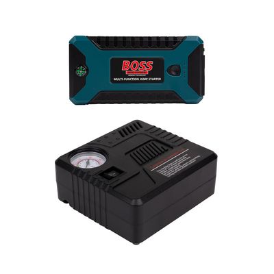جامپ استارتر و پمپ باد خودرو و پاوربانک و چراغ LED باس مدل  چهارکاره کد BS-JS9601 ظرفیت 6000 آمپر