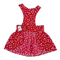 پیراهن پشت‌گردنی سگ و گربه قرمز گلدار | لباس مجلسی دخترانه