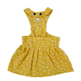 پیراهن پشت‌گردنی سگ و گربه زرد گلدار | لباس مجلسی دخترانه