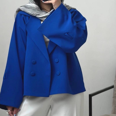 کت عروسکی آستین بنددار رنگ آبی کاربنی