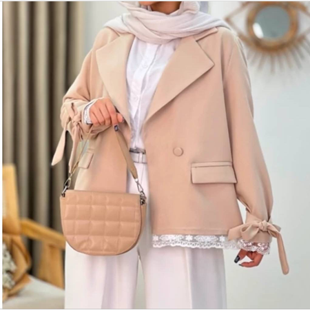 کت استین گیپوردار عروسکی رنگ کرم رنگ پوست