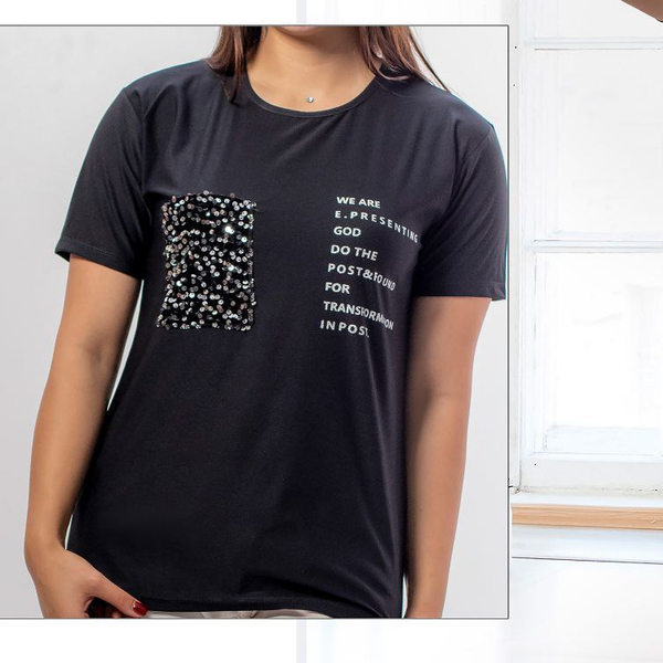 تیشرت شیک زنانه  مشکی جیب پولکی