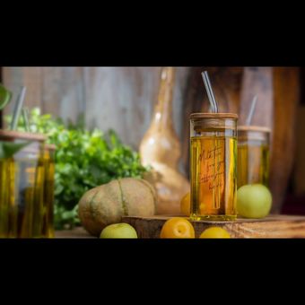 لیوان اسموتی پیرکس درب چوبی و نی دار