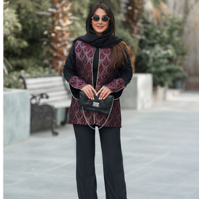 مانتو کت مجلسی ترکیبی مخمل شانل و کتیبه زرین دار