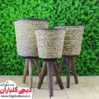 استند با گلدان حصیری 3 پایه چوبی سری 3تایی