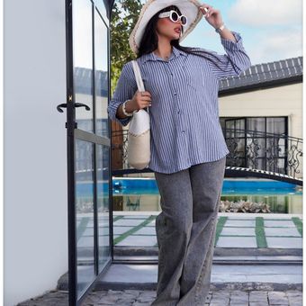 شومیز نخی زنانه راه‌راه آستین بلند – استایل شیک و تابستانی