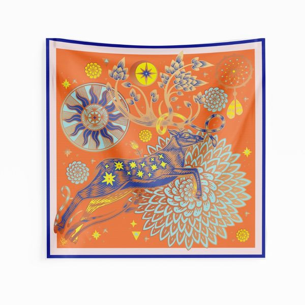 روسری طرح گوزن جنگل و ستاره های شب نارنجی