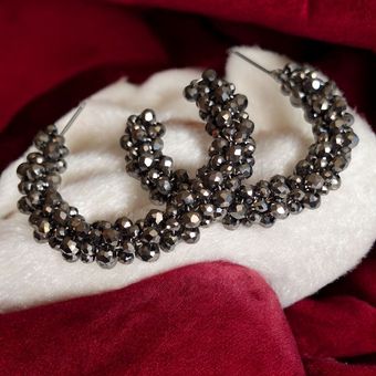 گوشواره حلقه‌ای کریستالی بزرگ مشکی مدل مجلسی زنانه شیک کد S175