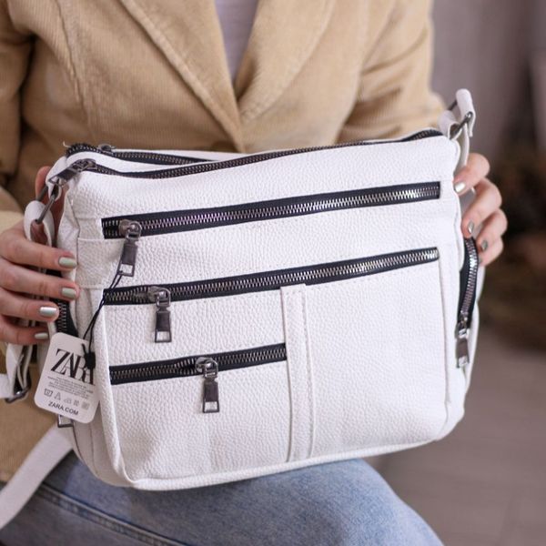 کیف دوشی شرانگ کد 1708 نقرهای | کراس بادی چرم چندجیب بند بلند قابل تنظیم