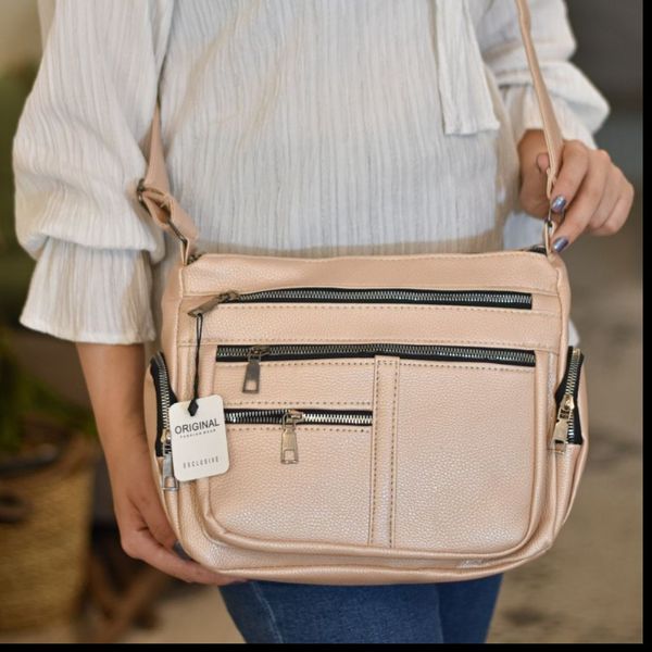 کیف دوشی شرانگ کد 1708 نقرهای | کراس بادی چرم چندجیب بند بلند قابل تنظیم