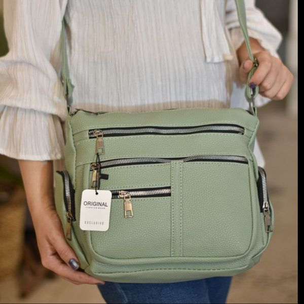 کیف دوشی شرانگ کد 1708 نقرهای | کراس بادی چرم چندجیب بند بلند قابل تنظیم