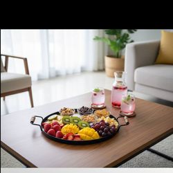 سینی سرو گرد فلزی دسته چوبی