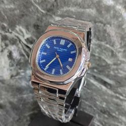 ساعت مچی عقربه ای مردانه پتک فیلیپ با صفحه آبی و نمایشگر تاریخ