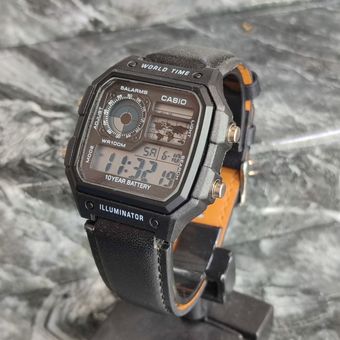 ساعت مچی کاسیو جهان نما با قاب سرامیکی و بند چرم دور دوخت شرکتی