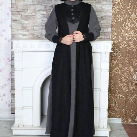 پیراهن و وست بلند سلین کبریتی مشکی طوسی