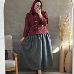 ست کت دامن گوچی جنس کت ژاکارد پشمی دورو درجه یک ، دامن شانتون سه نخ زنانه