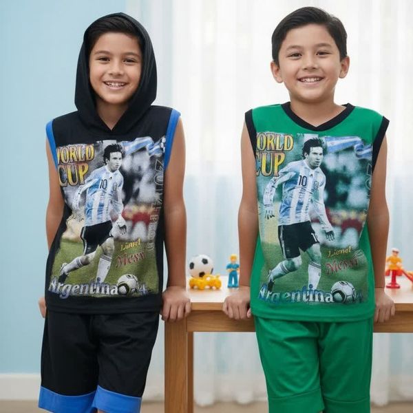 تاب تاب کلاهدار وشلوارک پسرانه شیک فوتبالی باطرح مسی