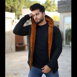 هودی مردانه مدل Valentino | کلاه خزدار، جنس دورس تو کرک | فری سایز L/XL