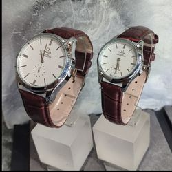 ساعت مچی عقربه ای مردانه و زنانه امگا زیر ثانیه بند چرم قاب استیل مدل 58973