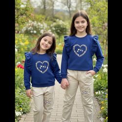 بلوز شلوار دخترانه طرح قلب | بلوز دورس | شلوار کتان | 2 تا 12 سال