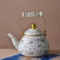 کتری لعابی گل آبی دسته سرامیک