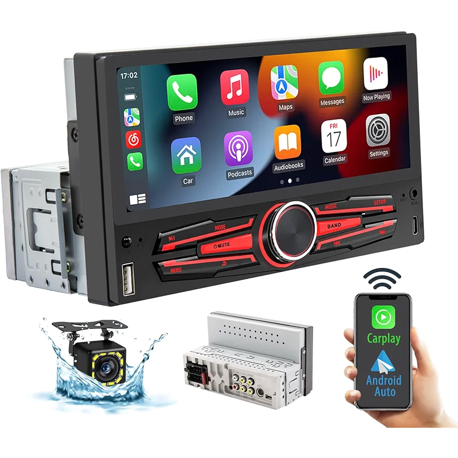 Minye 6.86 اینچ Single DIN Wireless – استریوی اندروید ماشین با CarPlay و Android Auto بیسیم، صفحه IPS لمسی، دکمه‌های کلاسیک