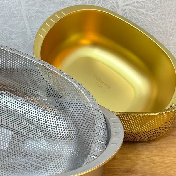 آبکش لگن استیل وارداتی سایز 34 طلایی و نقره ای(قیمت طلایی درج شده )