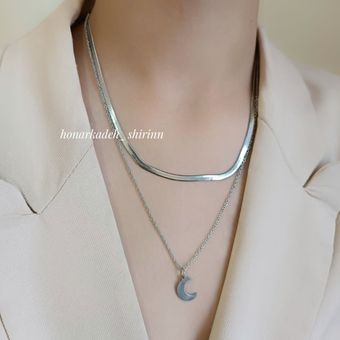 گردنبند دو ردیفه ی ماری و آویز ماه نقره ای