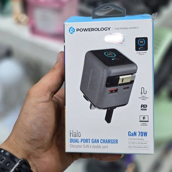 شارژر دیواری فست شارژ Powerology (پاورولوژی) مدل Halo Dual-Port GaN Charger 70W