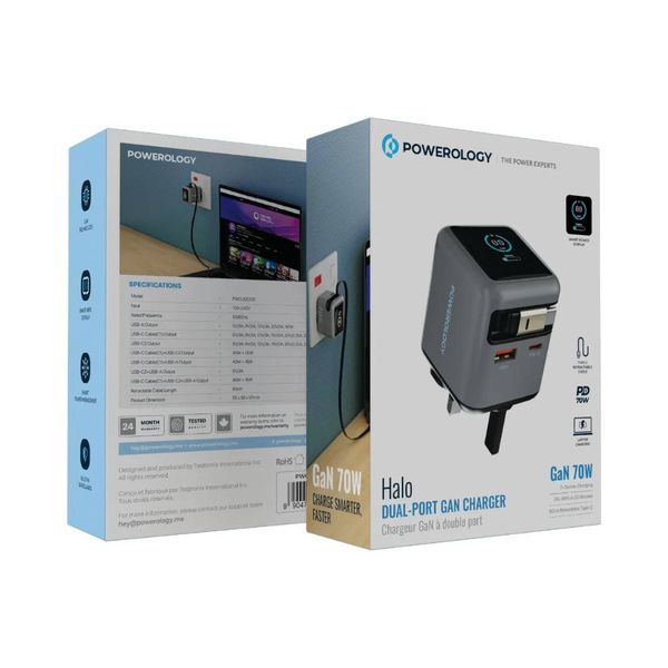 شارژر دیواری فست شارژ Powerology (پاورولوژی) مدل Halo Dual-Port GaN Charger 70W