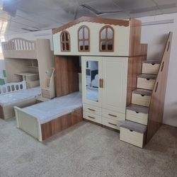 تخت دو طبقه طرح کلبه مدل کمد دار